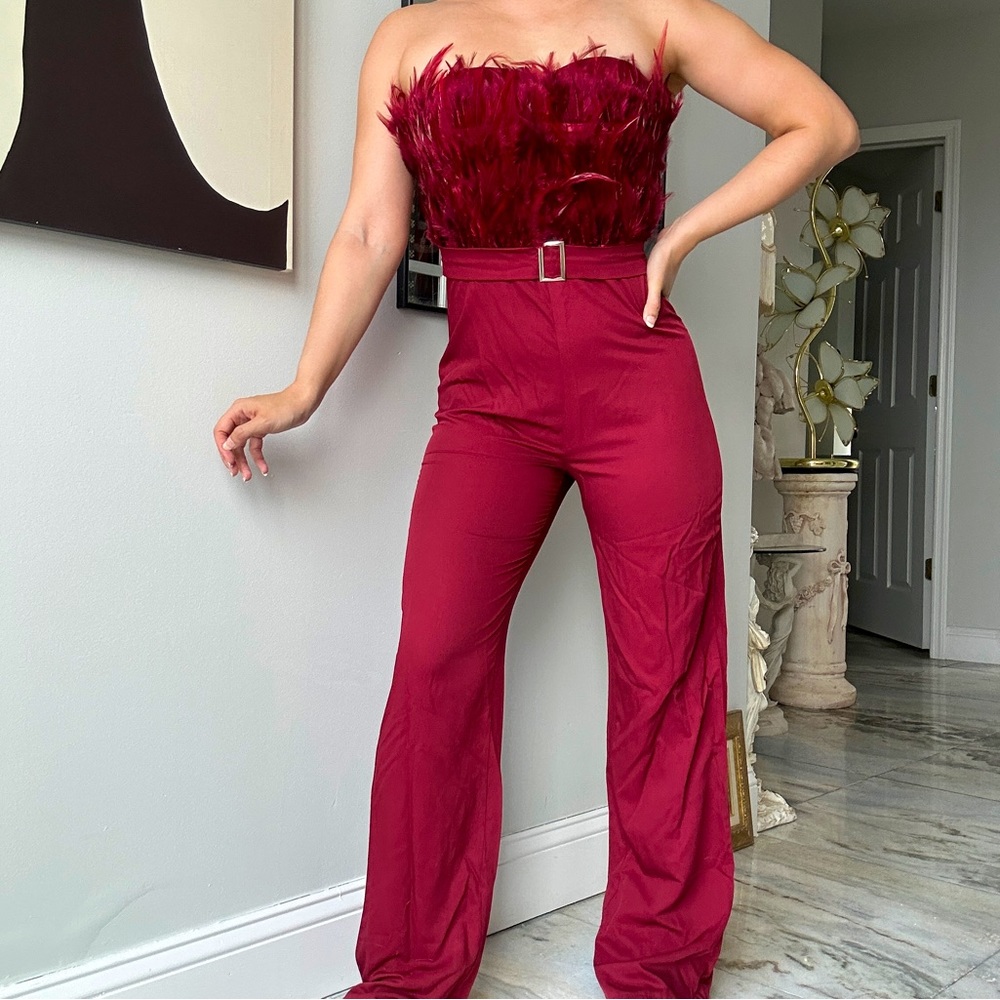 Cranberry Burgundy Feather Bodice Belted Jumpsuit